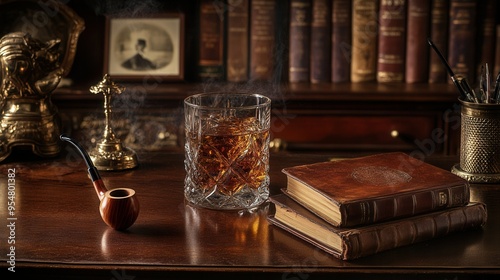 Classic Evening Setting with a Glass of Bourbon on the Rocks, Leather-Bound Book, and Pipe on a Vintage Study Desk. AI generated illustration