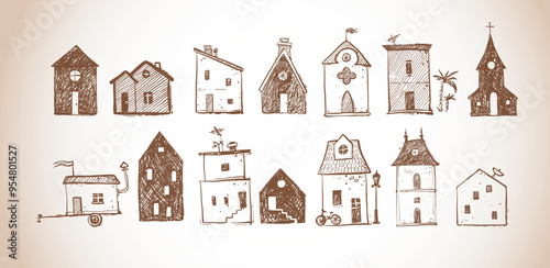 Hand-drawn doodle illustrations of various whimsical houses with unique shapes and details in vintage style