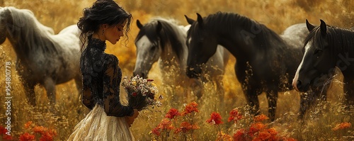 artistic depiction of a woman in a kneelength dress with wildflowers photo