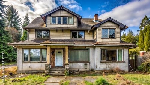 A Surrey-based vacant house awaits renovation, boasting an abundance of windows that frame the surrounding vistas,