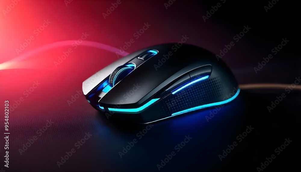 Wireless computer gaming mouse with LED lights on a black background