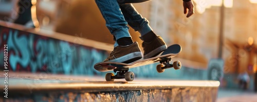 Skateboarder grinding a concrete ledge in an urban setting, 4K hyperrealistic photo