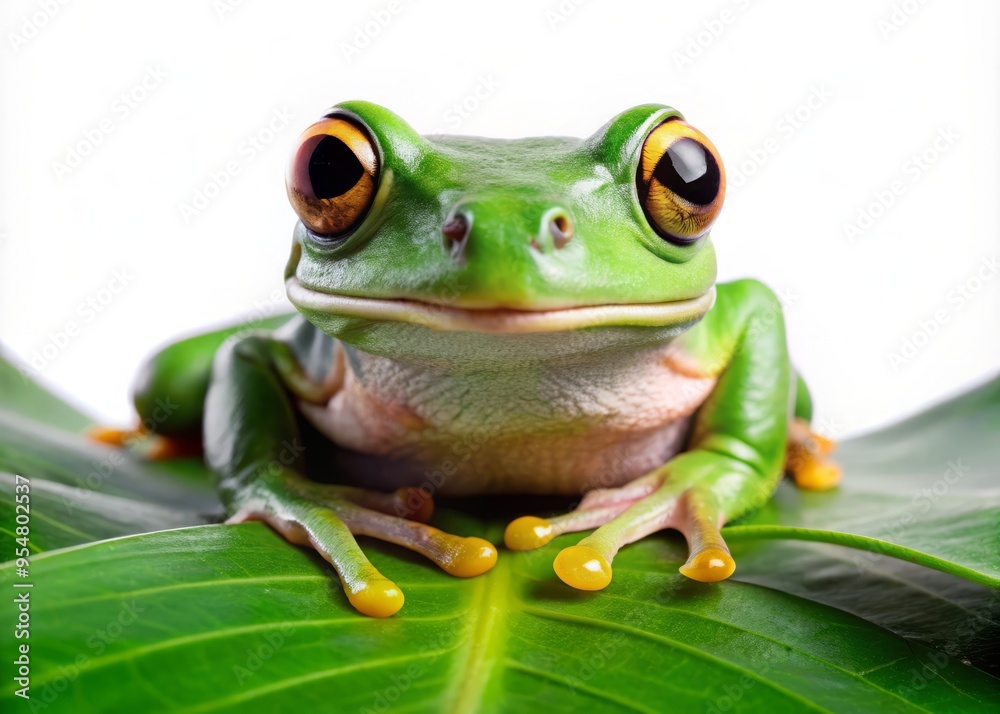 Obraz premium A tranquil green frog perches on a verdant leaf, its oversized eyes observing all while its broad mouth