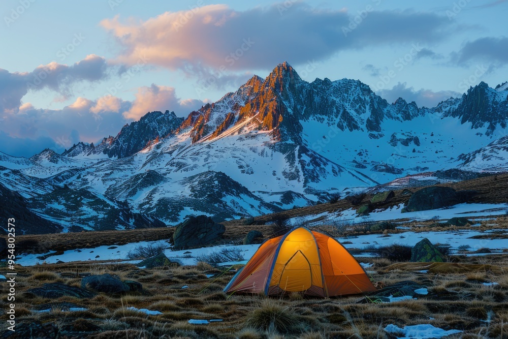 Glowing Tent in Snowy Alpine Wilderness at Sunset Glowing Tent in Snowy Alpine Wilderness at Sunset
