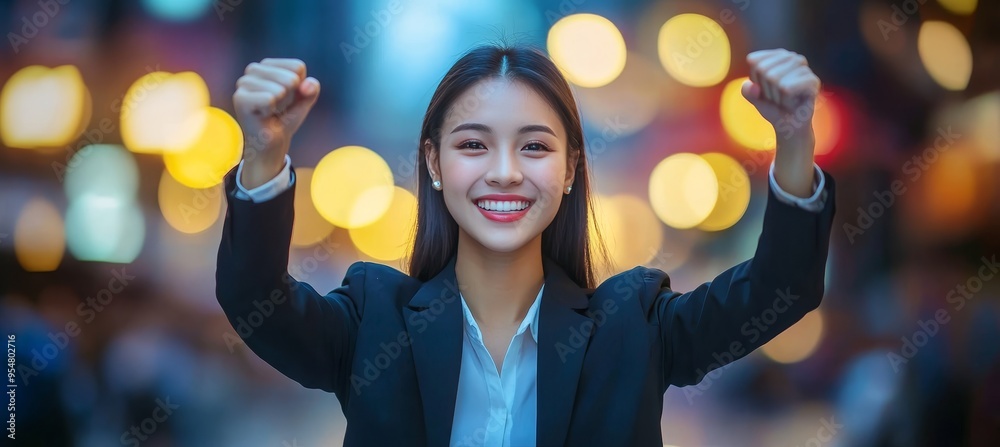 Fototapeta premium Excited Young Businesswoman Celebrates Success with Arms Raised, City Street Night Lights Background