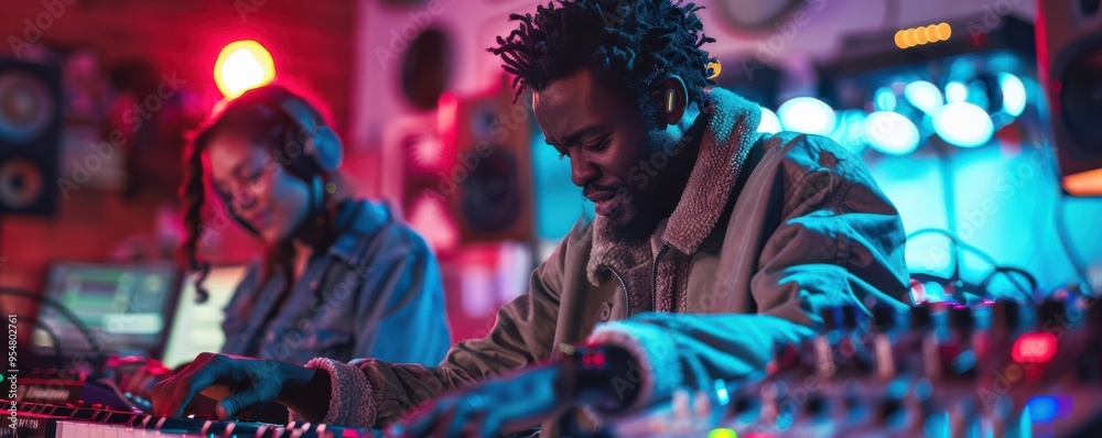 Black man playing synthesizer in studio, creating music with focus and passion. Free copy space for text. Black man playing synthesizer in studio, creating music with focus and passion. Free copy space for text.