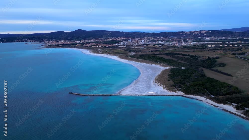 Aerial view before the sunset of the white beach located in Rosignano SolvayTuscany Italy Aerial view before the sunset of the white beach located in Rosignano SolvayTuscany Italy