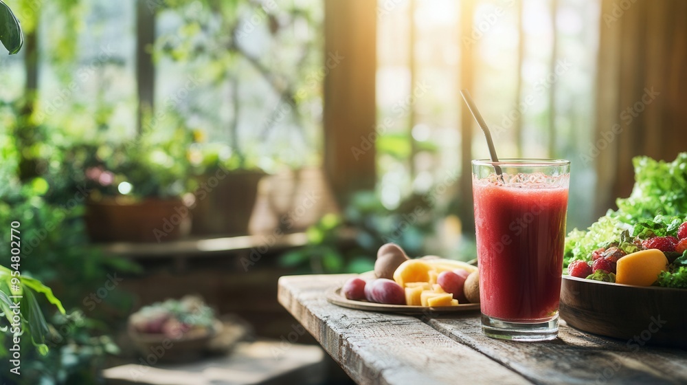 Cold-Pressed Juice and Organic Salad on a Rustic Wooden Table in a Bright Greenhouse. AI generated illustration Cold-Pressed Juice and Organic Salad on a Rustic Wooden Table in a Bright Greenhouse. AI generated illustration