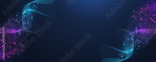 Digital technology abstract background with AI circuit board texture. Technology connected blue lines with electronics elements on tech bg. Semiconductor hardware. Cyber engineering.