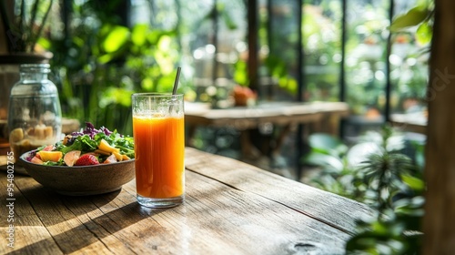 Cold-Pressed Juice and Organic Salad on a Rustic Wooden Table in a Bright Greenhouse. AI generated illustration