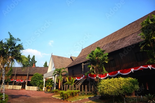 The Central Kalimantan Dayak tribe's house, called the Betang house, is made entirely of wood from the pillars to the roof.