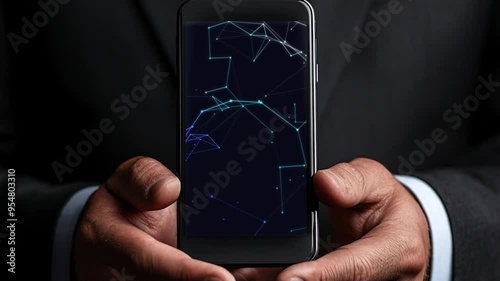 The mobile phone on the screen may represent technological innovation and the continuous evolution of digital systems. The connecting lines may represent global networks or a sense of connection betwe photo