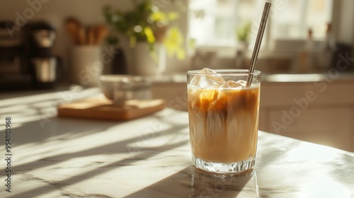 Iced Coffee with Metal Straw on Marble Countertop in Sunlit Kitchen. AI generated illustration