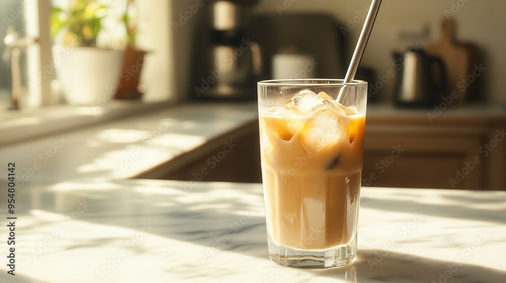 Iced Coffee with Metal Straw on Marble Countertop in Sunlit Kitchen. AI generated illustration Iced Coffee with Metal Straw on Marble Countertop in Sunlit Kitchen. AI generated illustration
