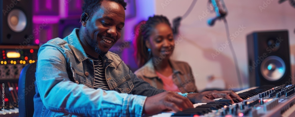 Obraz premium Black man playing synthesizer in studio, creating music with focus and passion. Free copy space for text.