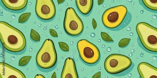 avocado background with leaves and water droplets