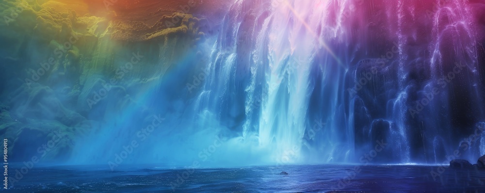Fototapeta premium Rainbow colors in waterfall mist, 4K hyperrealistic photo