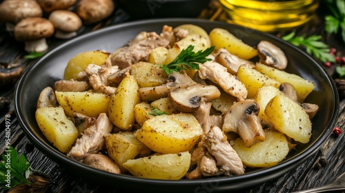 Fresh potatoes and chanterelles cooked with herbs in the woods