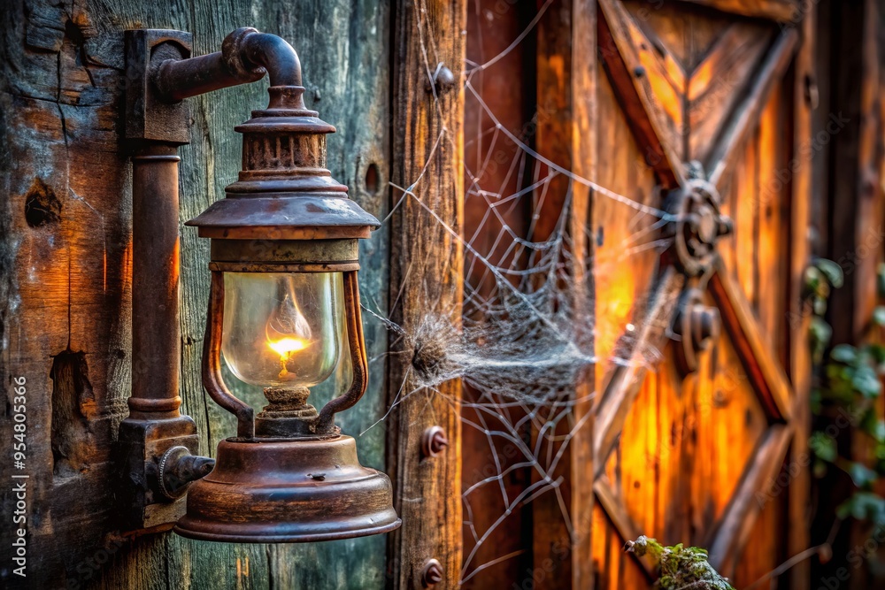 photo image of a delicate cobweb stretching from a rusty old lantern to the intricate carvings on a worn wooden door photo image of a delicate cobweb stretching from a rusty old lantern to the intricate carvings on a worn wooden door