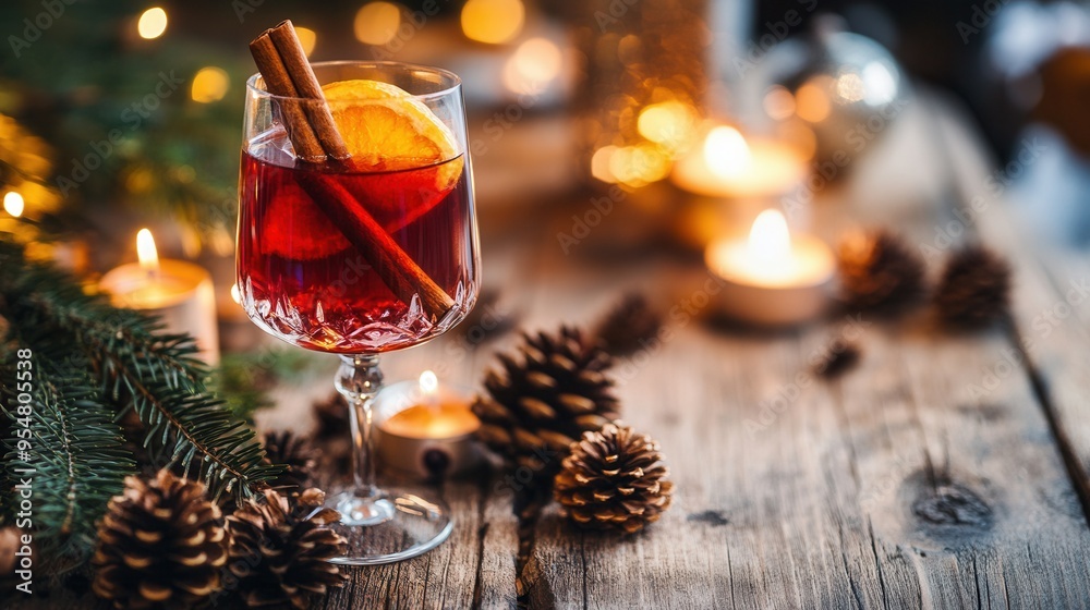 Cozy Mulled Wine with Cinnamon and Orange in Festive Holiday Setting. AI generated illustration Cozy Mulled Wine with Cinnamon and Orange in Festive Holiday Setting. AI generated illustration