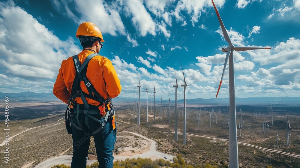 Engineer wearing safety gear inspects a large field of wind turbines on a bright, partly cloudy day. Engineer wearing safety gear inspects a large field of wind turbines on a bright, partly cloudy day.