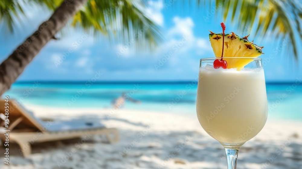 Tropical Pina Colada on a Beach Lounger with Ocean View. AI generated illustration Tropical Pina Colada on a Beach Lounger with Ocean View. AI generated illustration