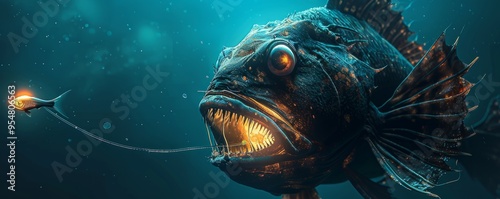 Deep-sea anglerfish with glowing lure, 4K hyperrealistic photo photo