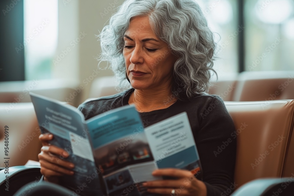 A middle-aged woman reading health brochures in a waiting room, with a look of determination on her face, representing informed healthcare choices. A middle-aged woman reading health brochures in a waiting room, with a look of determination on her face, representing informed healthcare choices.