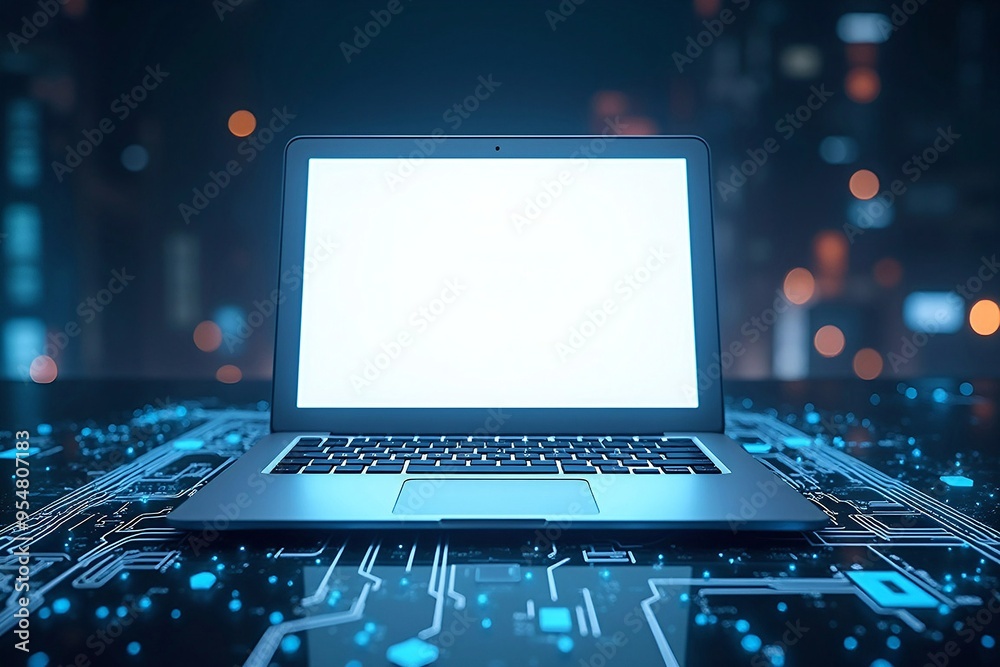 Laptop with Blank Screen on a Modern Technological Background, Analytics, Global Data Charts