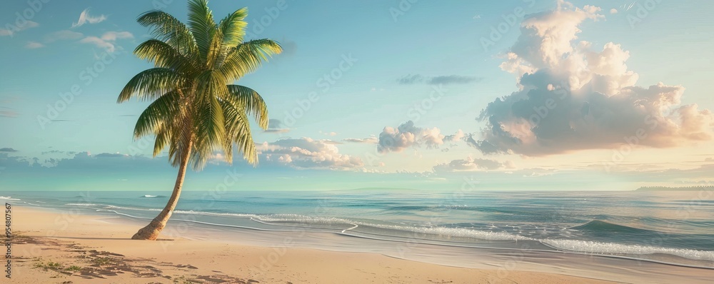 Serene beach with a single, solitary palm tree, 4K hyperrealistic photo Serene beach with a single, solitary palm tree, 4K hyperrealistic photo