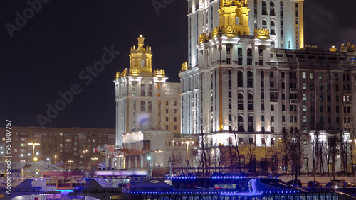 Photography Hotel Ukraine winter night timelapse hyperlapse with bridge over Moscow River