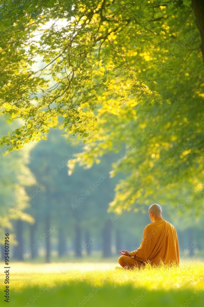 A serene monk meditating peacefully in a sunlit forest during early morning hours A serene monk meditating peacefully in a sunlit forest during early morning hours
