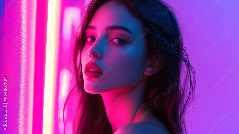 Fototapeta premium Close-up portrait of a young woman illuminated by vibrant pink and purple neon lights, creating a mesmerizing glow.