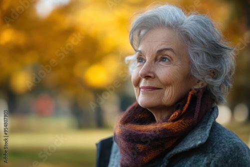 An elderly woman walking in a park, looking vibrant and healthy, representing the benefits of preventive healthcare and active living.