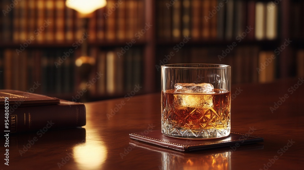 Sophisticated Scotch Whisky with Ice Cube on Mahogany Desk. AI generated illustration Sophisticated Scotch Whisky with Ice Cube on Mahogany Desk. AI generated illustration