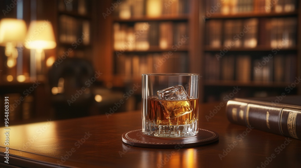 Sophisticated Scotch Whisky with Ice Cube on Mahogany Desk. AI generated illustration Sophisticated Scotch Whisky with Ice Cube on Mahogany Desk. AI generated illustration