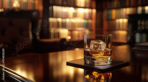 Sophisticated Scotch Whisky with Ice Cube on Mahogany Desk. AI generated illustration