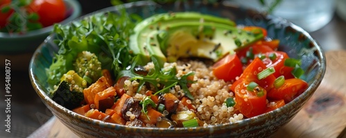 Roasted vegetable quinoa bowl with avocado, 4K hyperrealistic photo