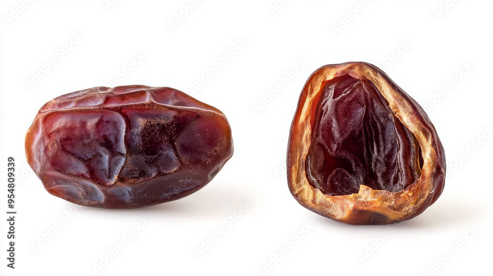 Dried dates, both whole and halved, isolated on a white background. Clipping path included. Dried dates, both whole and halved, isolated on a white background. Clipping path included.