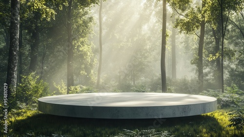 Round Concrete Platform for Product Presentation in Forest. AI generated illustration