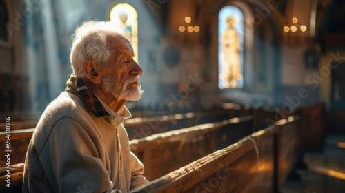 A man sits in a church pew, looking out the window