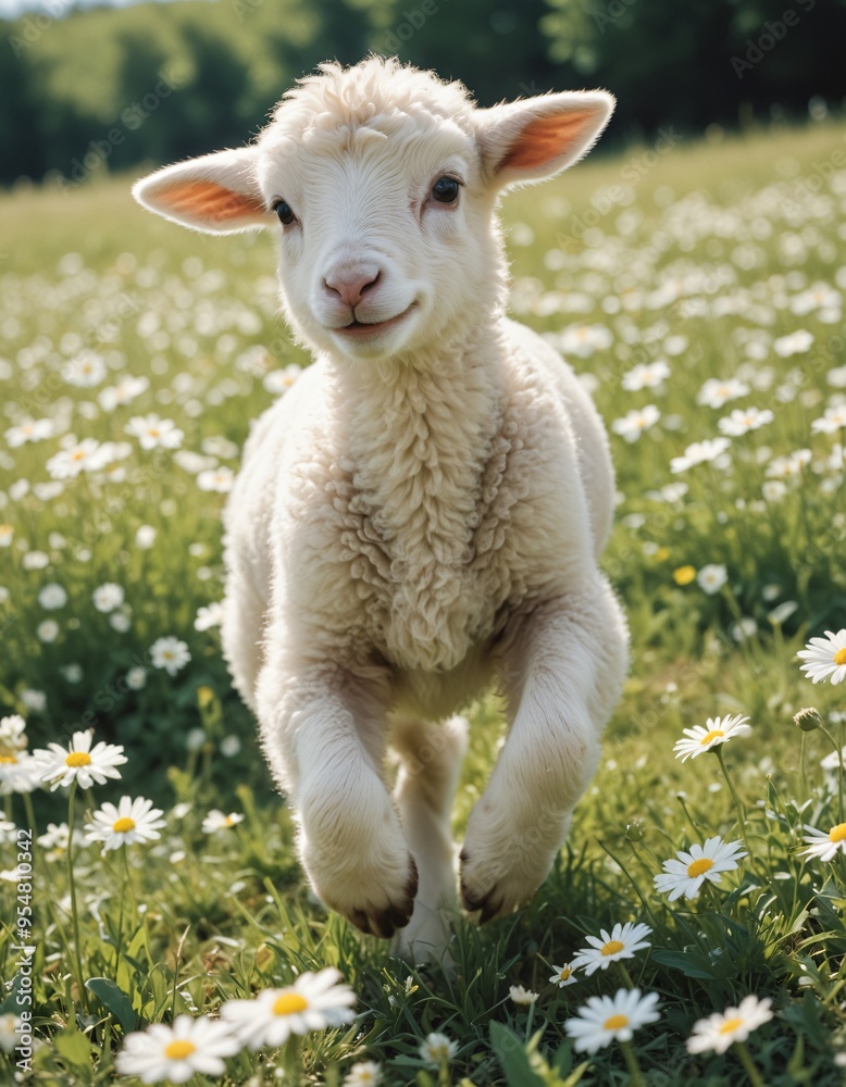 Fototapeta premium Adorable Lamb Standing in a Field of Daisies