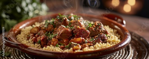 Moroccan lamb tagine with couscous, 4K hyperrealistic photo