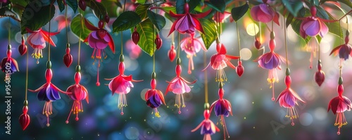 Colorful fuchsias with hanging blooms, 4K hyperrealistic photo photo