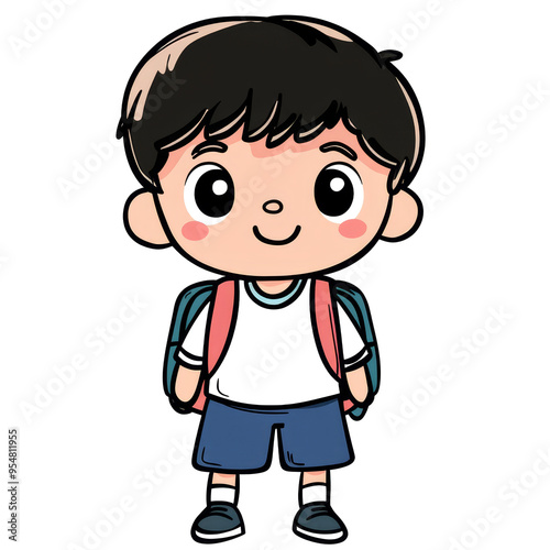 Cute cartoon school boy with backpack standing on a white isolated background in doodle style