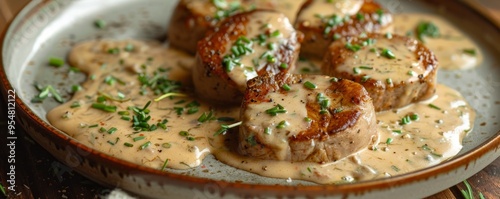 Pork tenderloin medallions with Dijon cream sauce, 4K hyperrealistic photo