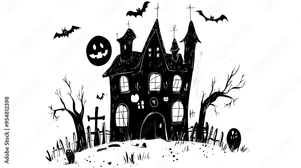 Cute Halloween haunted house illustration with bats and spooky elements on a white background Cute Halloween haunted house illustration with bats and spooky elements on a white background