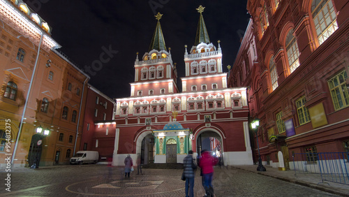 Tourists walk on Red Square near the branch of the Historical Museum and the zero kilometer in Moscow. timelapse hyperlapse