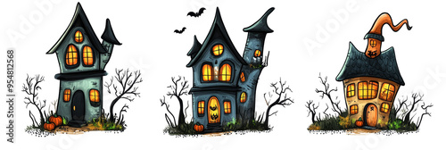 Cute Halloween haunted houses in clipart doodle style on a white background for festive decoration photo