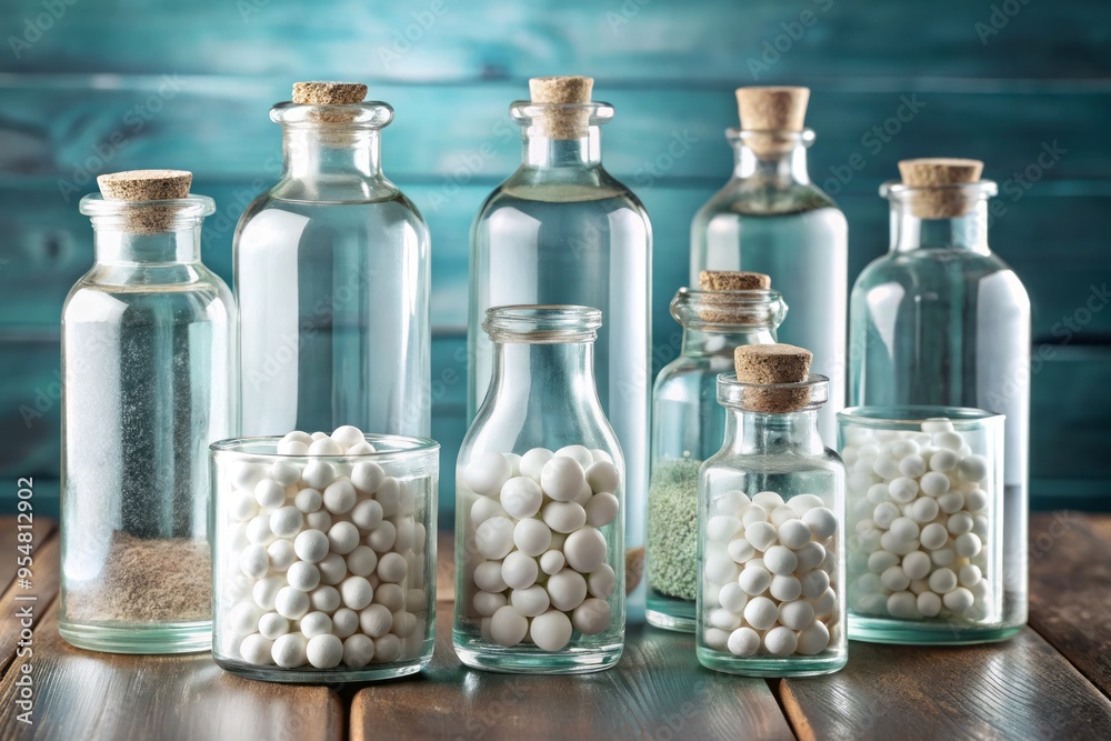 a photo image of clear glass bottles with rounded shapes and various sizes filled with white tablets of Alka-Seltzer a photo image of clear glass bottles with rounded shapes and various sizes filled with white tablets of Alka-Seltzer